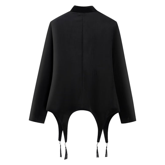 Damen Asymmetrische Kurzjacke mit Stehkragen, Kordelverschlüssen und Quasten-Saum Nord Taschen