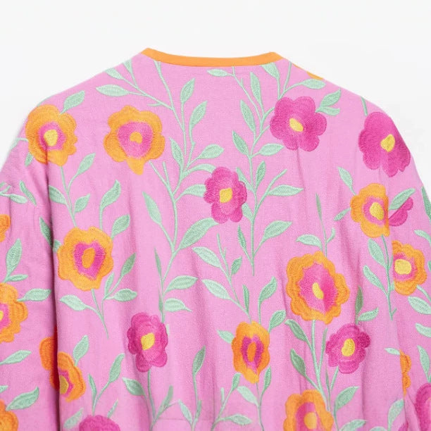 Damen Bestickte Kimonojacke mit Blumenstickerei, Bindegürtel und kontrastierendem Besatz Nord Taschen