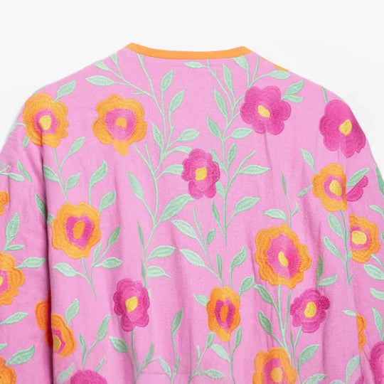 Damen Bestickte Kimonojacke mit Blumenstickerei, Bindegürtel und kontrastierendem Besatz Nord Taschen