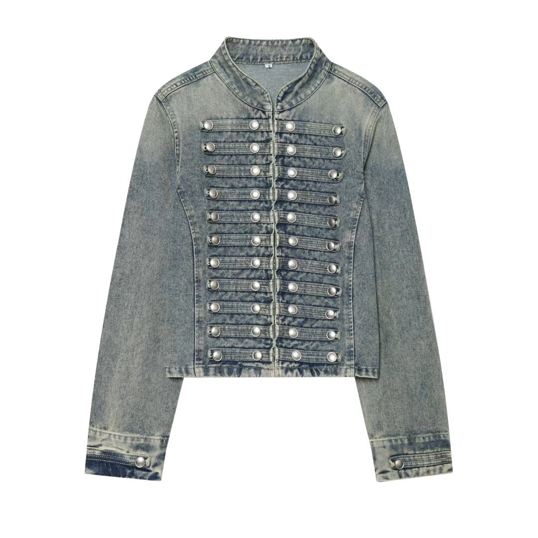 Damen Cropped Denim‑Blouson im Frackstil mit dekorativen Reihenknöpfen Nord Taschen