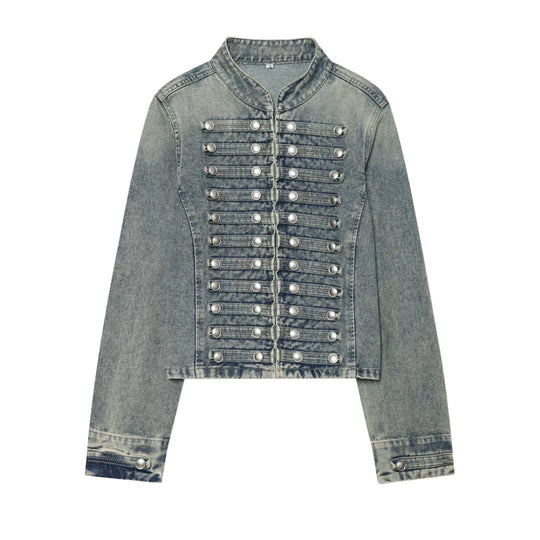 Damen Cropped Denim‑Blouson im Frackstil mit dekorativen Reihenknöpfen Nord Taschen