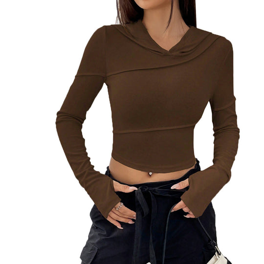 Damen geripptes Cropped-Longsleeve mit Kapuzenkragen, asymmetrischen Nähten und Trompetenärmeln Nord Taschen