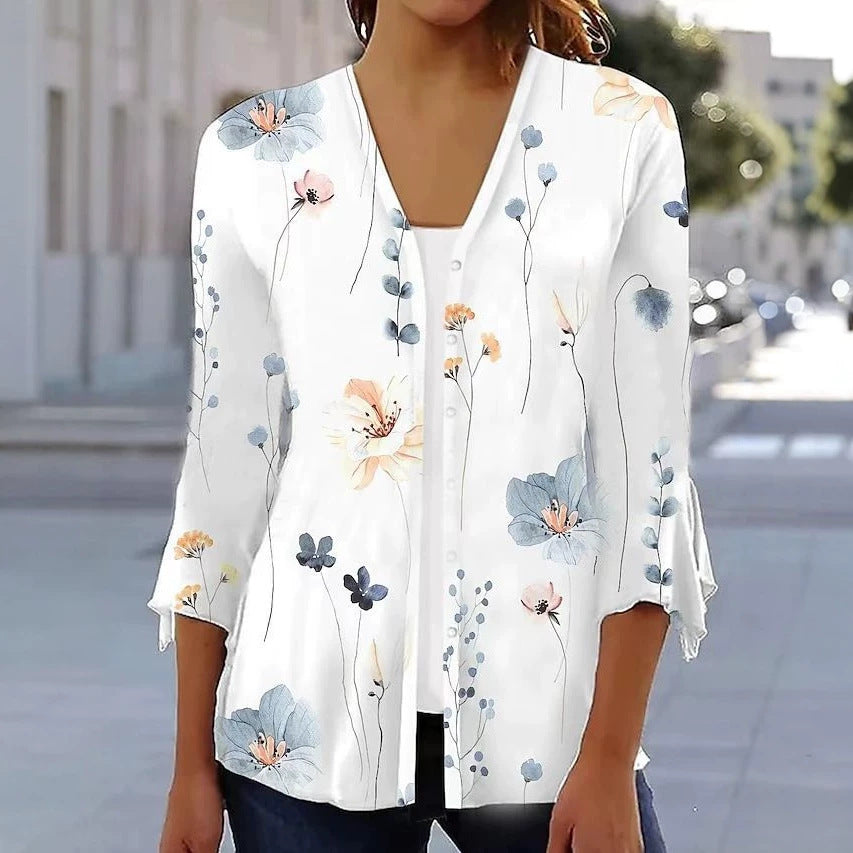 Damen nan leichte Chiffonbluse mit Aquarellblumenprint, V‑Ausschnitt, Knopfleiste und dreiviertelärmeln
