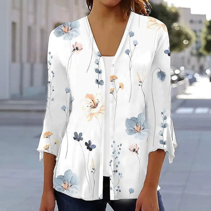 Damen nan leichte Chiffonbluse mit Aquarellblumenprint, V‑Ausschnitt, Knopfleiste und dreiviertelärmeln