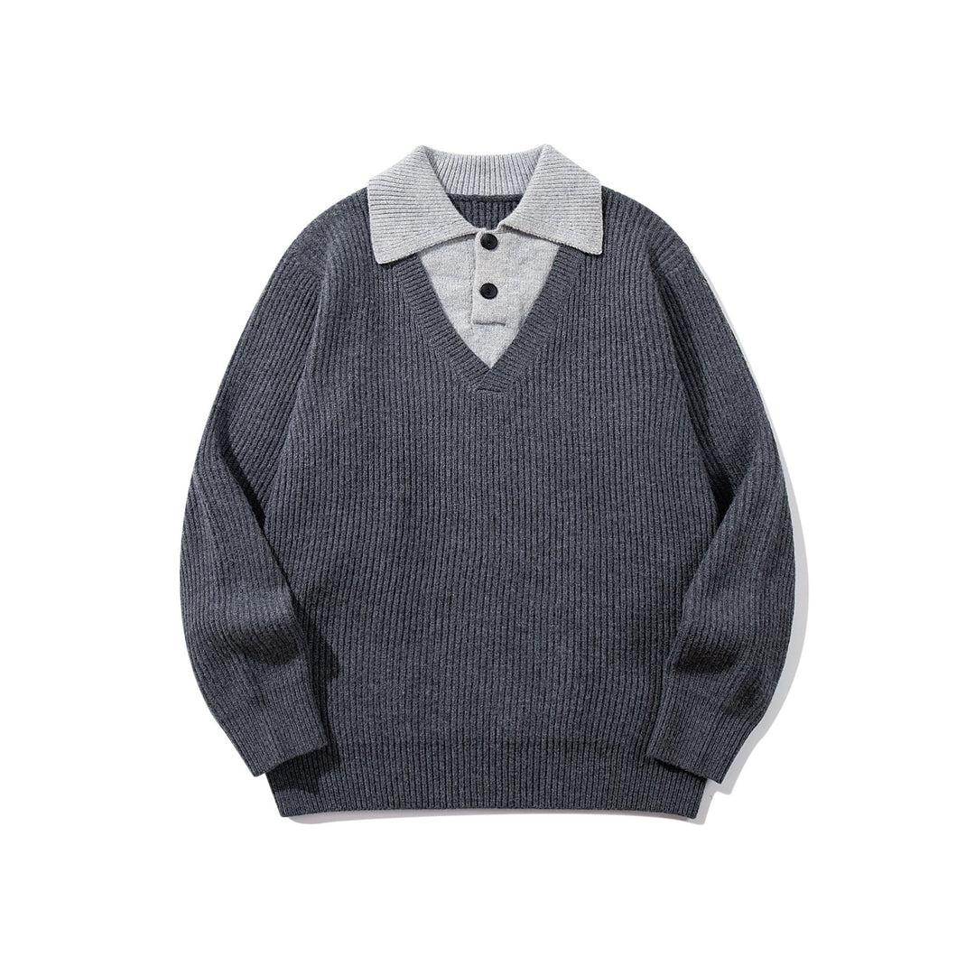 Herren Gerippter Strickpullover mit Polokragen‑Einsatz und tiefem V‑Ausschnitt Nord Taschen