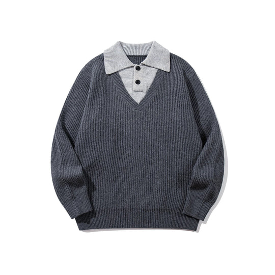 Herren Gerippter Strickpullover mit Polokragen‑Einsatz und tiefem V‑Ausschnitt Nord Taschen
