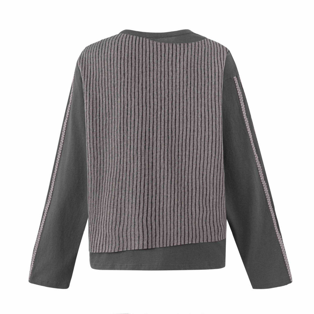 Damen Lässiges Sweatshirt mit gestreiftem Overlay, Ziernähten und Rosenprint Nord Taschen