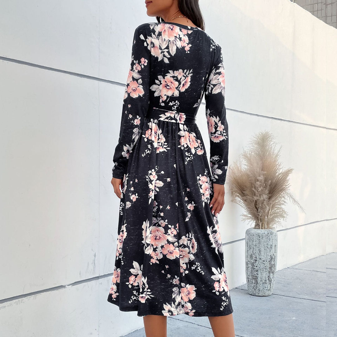 Damen Florales Wickel-Midikleid mit V-Ausschnitt, Taillengürtel und ausgestelltem Rock Nord Taschen