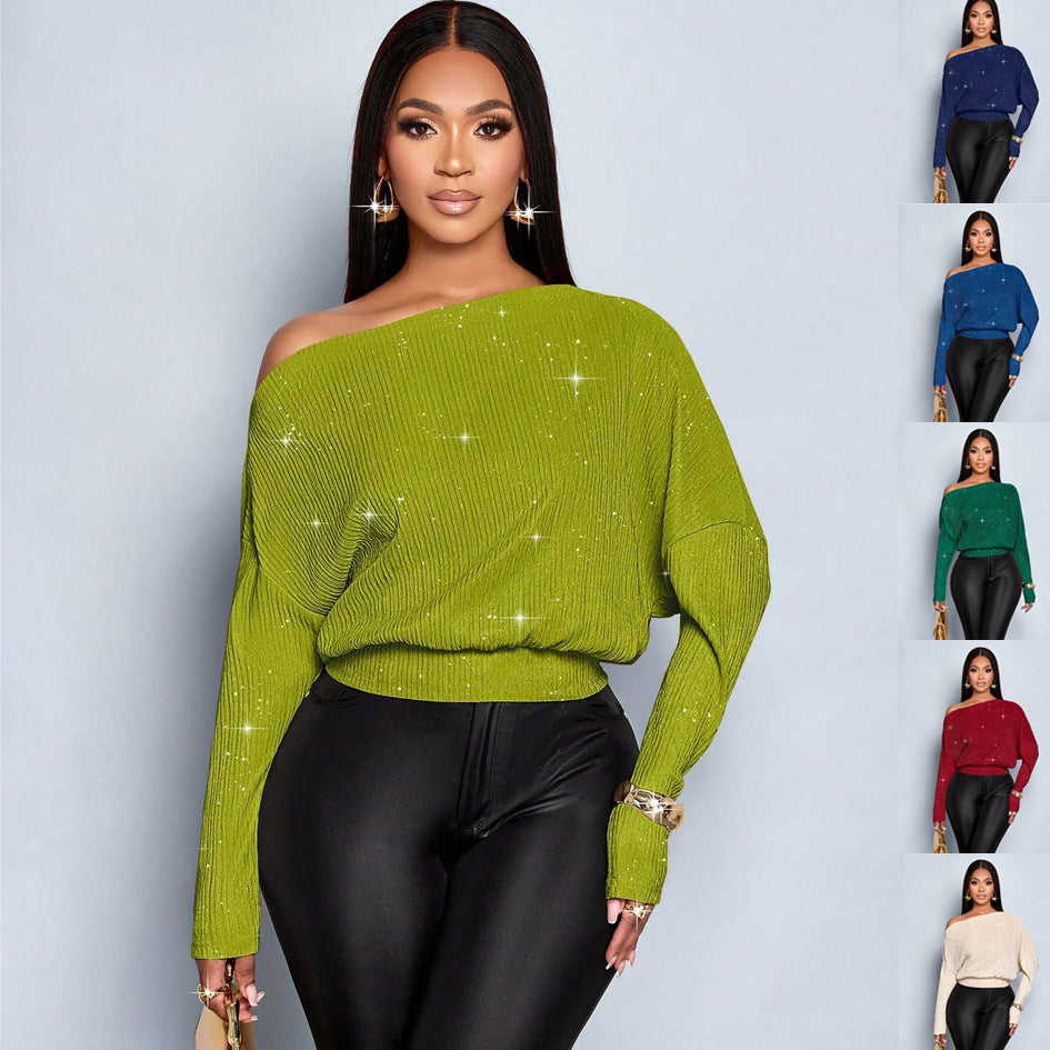 Damen Überschnittener Rippstrick-Pullover mit One-Shoulder und tailliertem Bündchen Nord Taschen