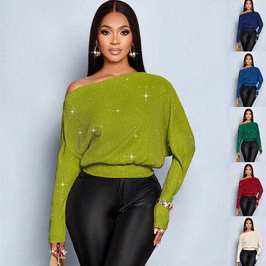 Damen Überschnittener Rippstrick-Pullover mit One-Shoulder und tailliertem Bündchen Nord Taschen
