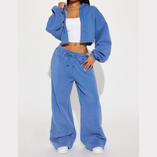Damen gekürztes Reißverschluss-Kapuzenoberteil und hochtaillierte weite Fleece-Jogginghose Set Nord Taschen