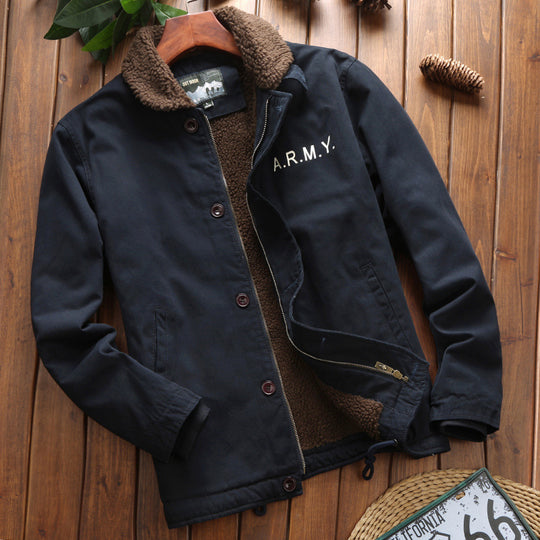 Herren Vintage-inspirierter Canvas-Fliegerblouson mit voluminösem Sherpa-Futter, zweifacher Frontöffnung und verstärkten Taschen Nord Taschen