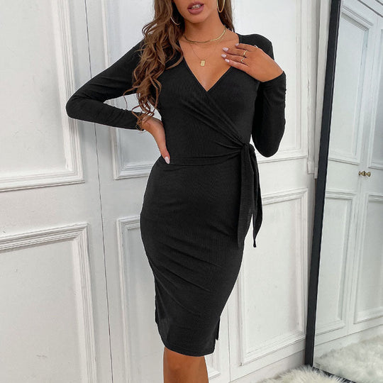 Damen Figurbetontes Wickelkleid mit Taillenschärpe Nord Taschen