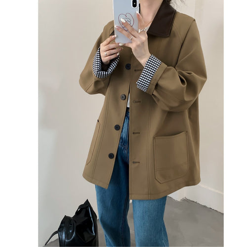 Damen Oversize Kurzjacke im Trenchstil mit Lederoptik-Kragen und karierten Umschlagmanschetten Nord Taschen