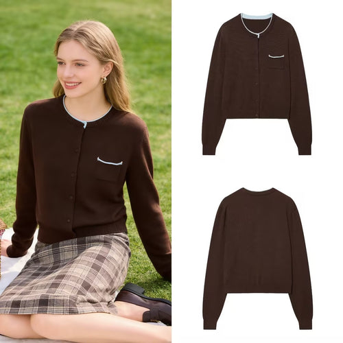 Damen Kurz geschnittene Strickjacke mit Kontrastbesatz und aufgesetzter Brusttasche Nord Taschen