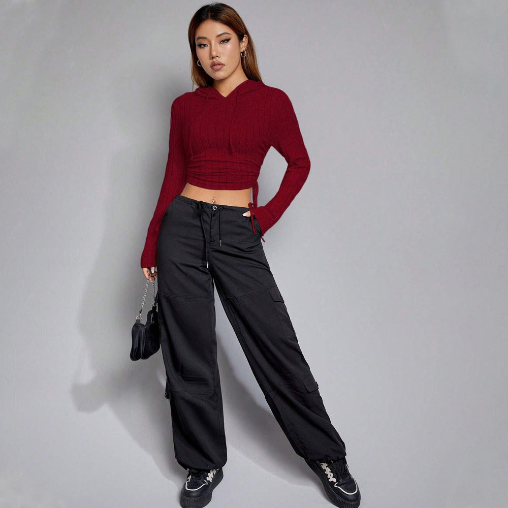 Damen geripptes Crop-Hoodie mit Tunnelzugseitennähten, figurbetonter Silhouette und langen Ärmeln Nord Taschen