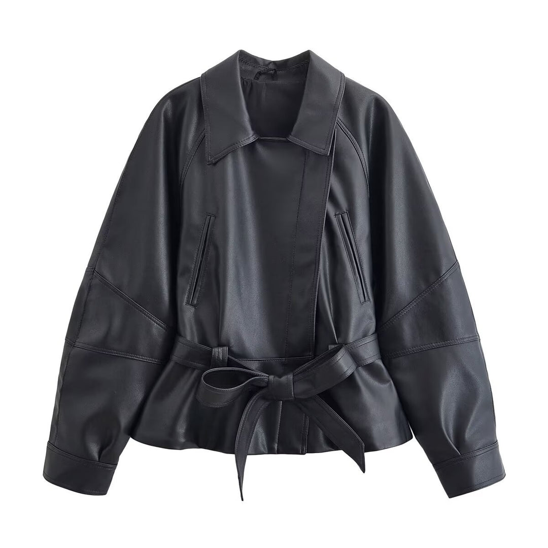 Damen Cropped-Lederoptik-Blouson mit Wickelgürtel, Oversize-Ärmeln und markanten Ziernähten Nord Taschen