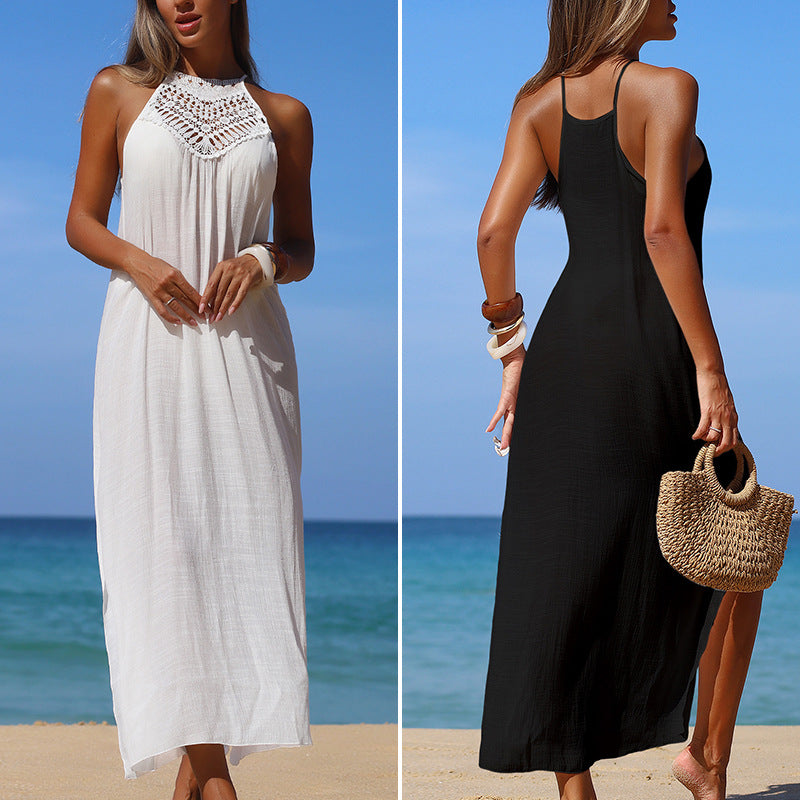 Damen lässiges Maxikleid mit gehäkeltem Oberteil