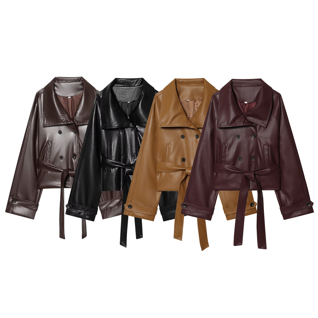Damen Kurz geschnittener Kunstleder-Trenchcoat mit übergroßem Revers, doppelreihiger Knopfleiste und Bindegürtel Nord Taschen