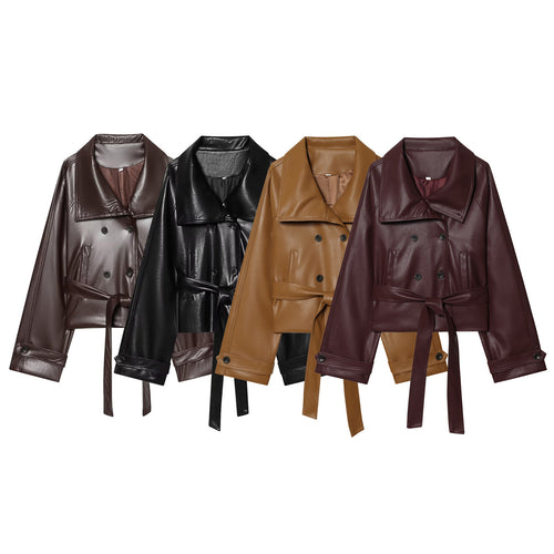 Damen Kurz geschnittener Kunstleder-Trenchcoat mit übergroßem Revers, doppelreihiger Knopfleiste und Bindegürtel Nord Taschen