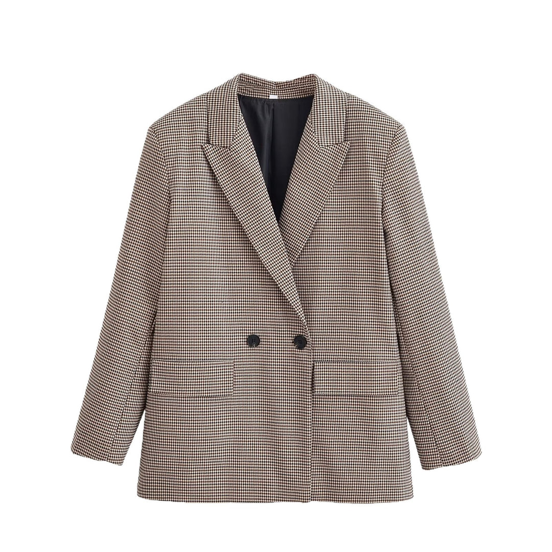Damen Zweireihiger Oversize-Blazer mit Hahnentritt‑Muster und Pattentaschen Nord Taschen