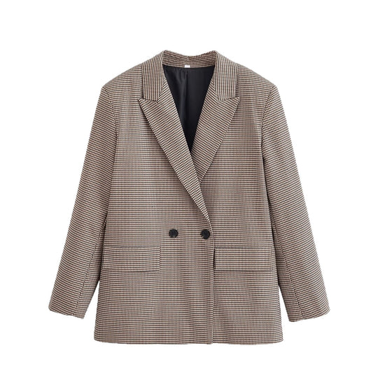 Damen Zweireihiger Oversize-Blazer mit Hahnentritt‑Muster und Pattentaschen Nord Taschen