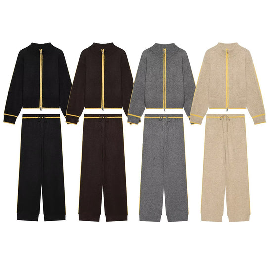 Damen Strick-Set mit Reißverschlussjacke, Stehkragen und weitem Relax-Hosenbein Nord Taschen