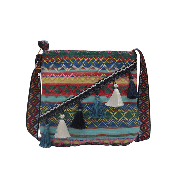 Damen Umhängetasche mit buntem geometrischem Muster und dekorativen Quasten Nord Taschen