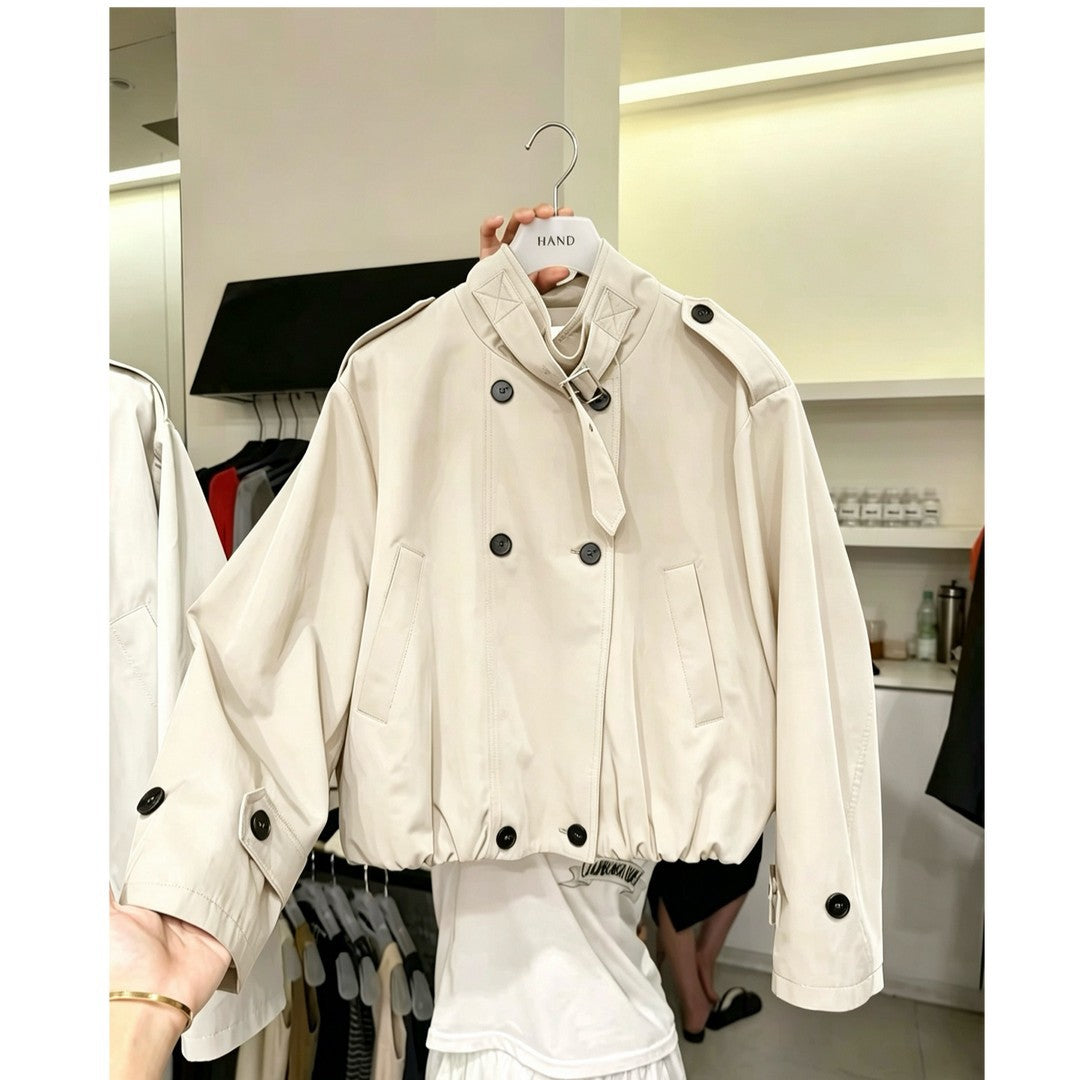 Damen Kurze Blouson‑Trenchjacke mit Stehkragen, doppelreihiger Knopfleiste und Gummizugsaum Nord Taschen