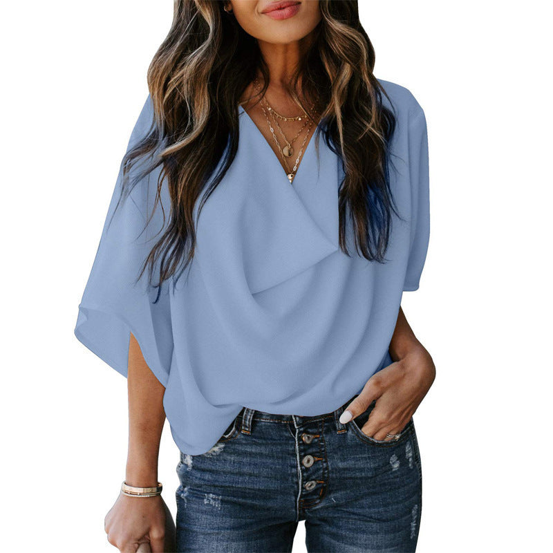 Damen lässiges Oversized-Oberteil mit drapiertem V-Ausschnitt