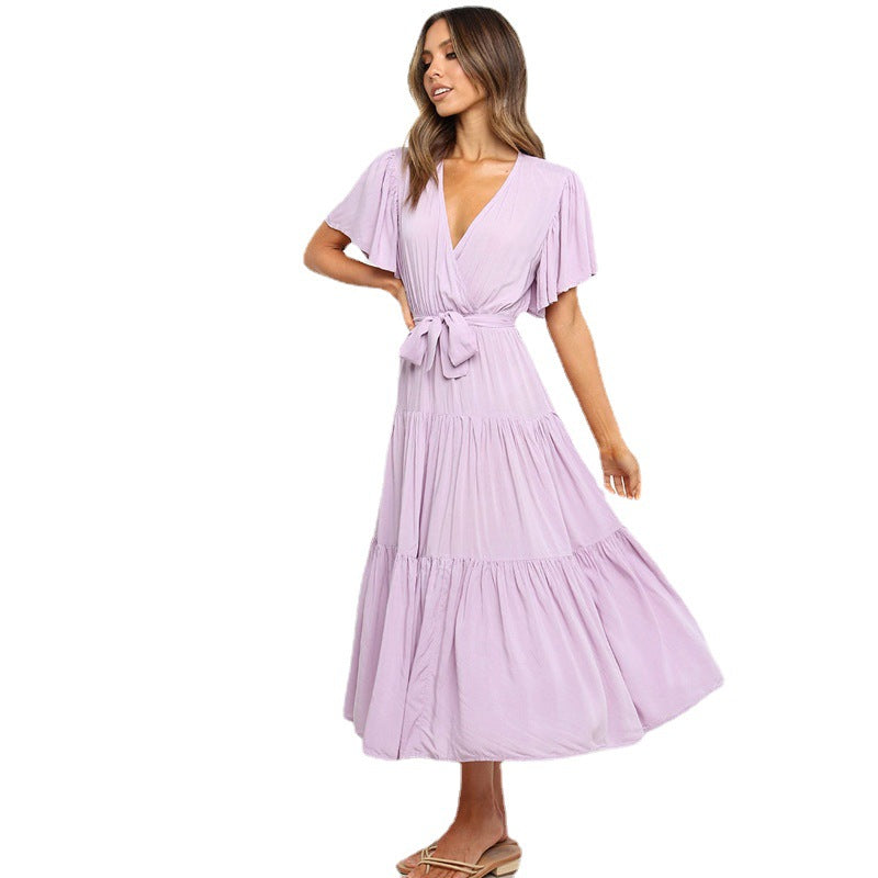 Damen Maxikleid mit tiefem V-Ausschnitt und schwingenden Ärmeln