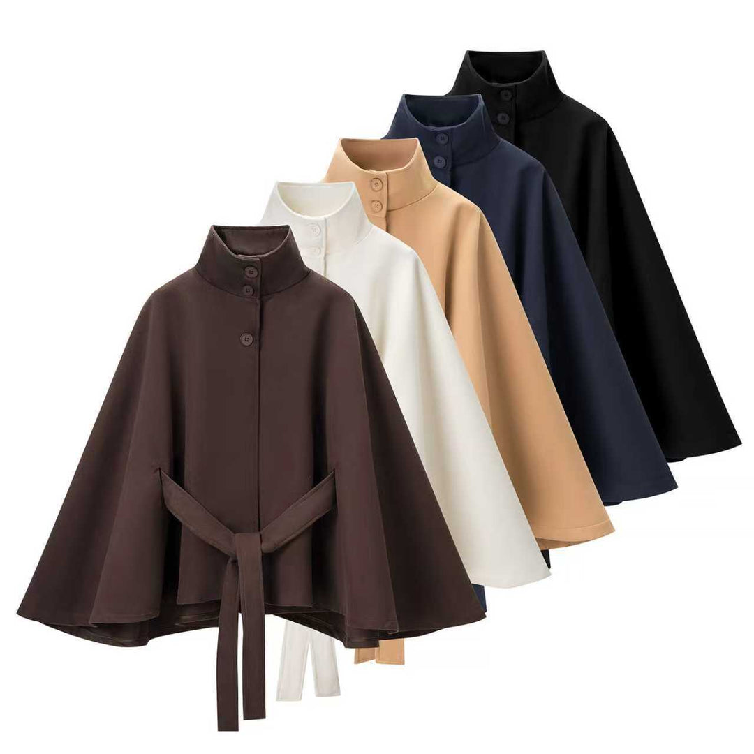Damen Kurzcape mit Stehkragen, verdeckter Knopfleiste und Taillenbindegürtel Nord Taschen