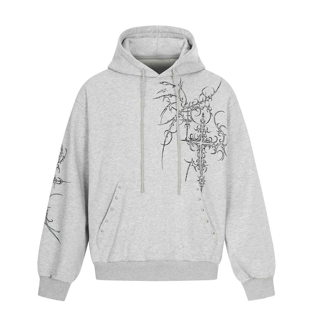 Herren Oversize Kapuzenpullover mit ornamentalem Kreuz‑Print und Nieten Nord Taschen