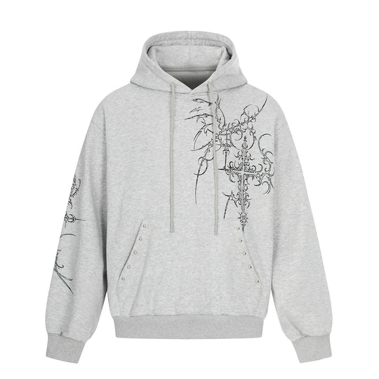 Herren Oversize Kapuzenpullover mit ornamentalem Kreuz‑Print und Nieten Nord Taschen