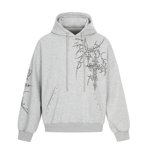 Herren Oversize Kapuzenpullover mit ornamentalem Kreuz‑Print und Nieten Nord Taschen