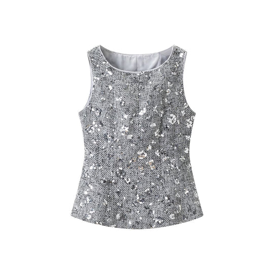 Damen Paillettenbesetztes ärmelloses Peplum-Top mit strukturierter Bouclé-Optik Nord Taschen