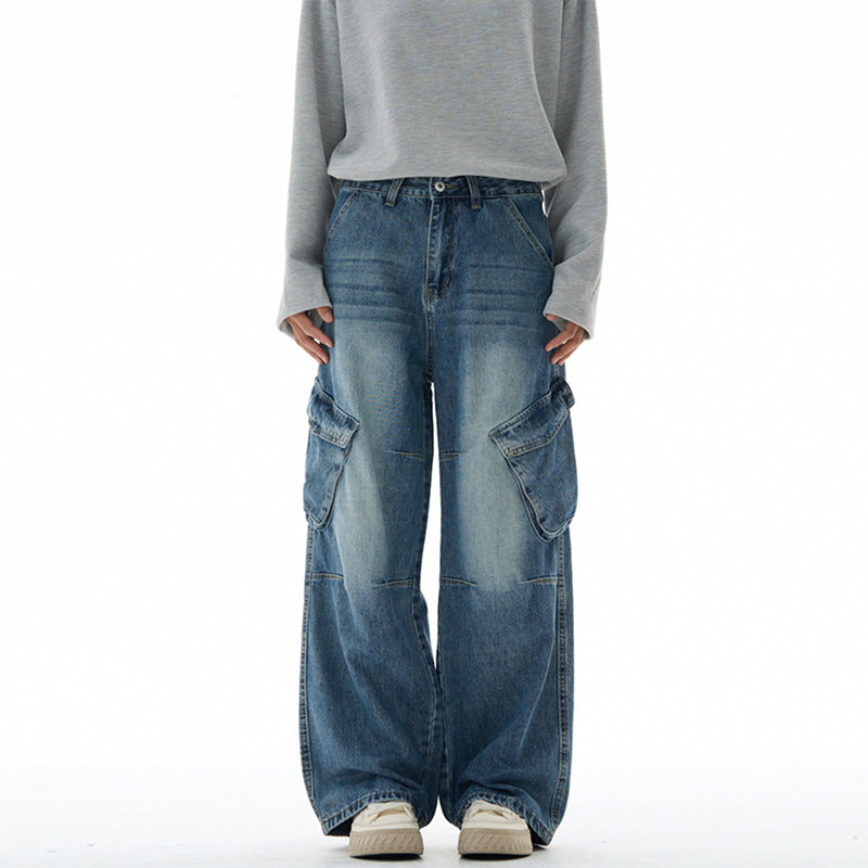 Damen Hochtaillierte Utility-Denim-Palazzohose mit Kniepaneelen und großen Klappentaschen Nord Taschen