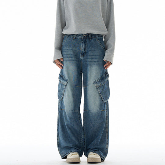 Damen Hochtaillierte Utility-Denim-Palazzohose mit Kniepaneelen und großen Klappentaschen Nord Taschen