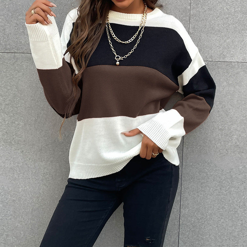 Damen Colorblock-Feinstrickpullover mit überschnittener Schulter und gerippten Bündchen Nord Taschen