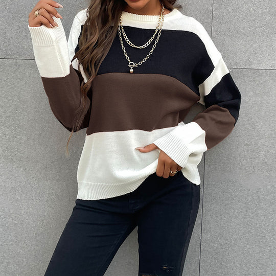 Damen Colorblock-Feinstrickpullover mit überschnittener Schulter und gerippten Bündchen Nord Taschen