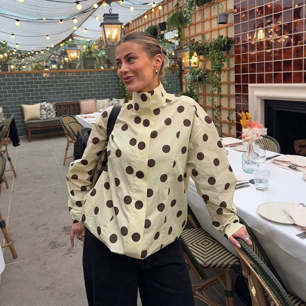 Damen Boxy Hemdjacke mit Stehkragen, Ballonärmeln und großem Polka‑Dot‑Print Nord Taschen