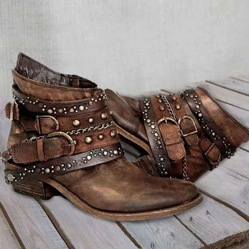 Damen Western‑Ankleboots mit dekorativen Schnallenriemen, Nieten und Ketten Nord Taschen