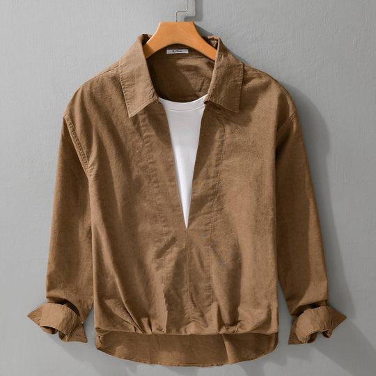 Herren Leichtes Leinen-Overshirt mit V-Ausschnitt, Hemdkragen und elastischem Saum Nord Taschen