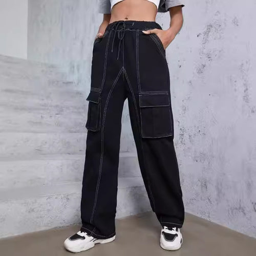 Damen utilitaristische Cargo-Hose aus Denim mit Kontrastnähten und Kordelzug Nord Taschen