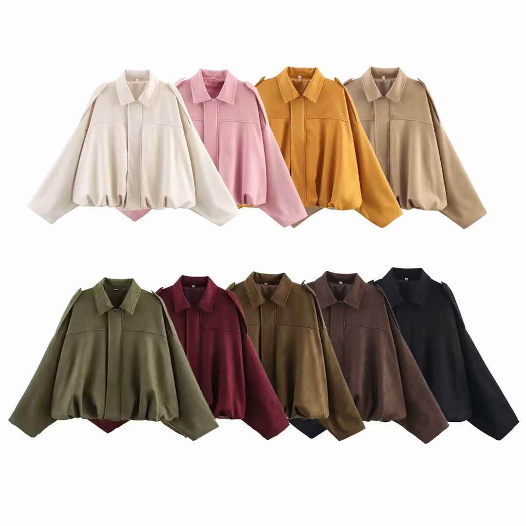Damen Oversize-Suedejacke mit Schulterklappen, verdeckter Knopfleiste und elastischem Saum Nord Taschen