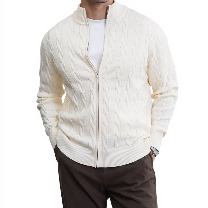 Herren Feiner Zopfmuster-Halbzip-Cardigan mit Rippkragen und silbernem Reißverschluss Nord Taschen