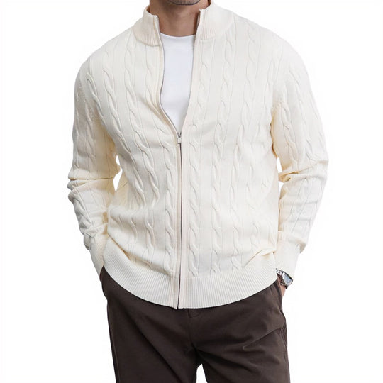 Herren Feiner Zopfmuster-Halbzip-Cardigan mit Rippkragen und silbernem Reißverschluss Nord Taschen