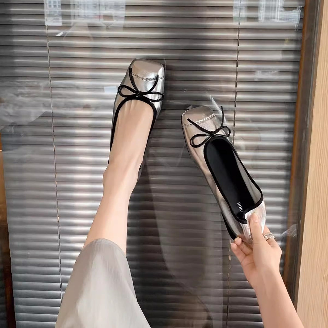 Damen elegante Ballerinas mit Schleifendetail und glänzender Schuhspitze