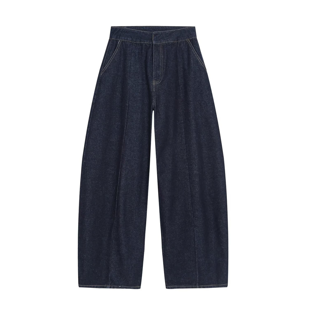 Damen Hochtaillierte weite Denim-Hose mit Bundfalten und zentraler Bügelfalte Nord Taschen