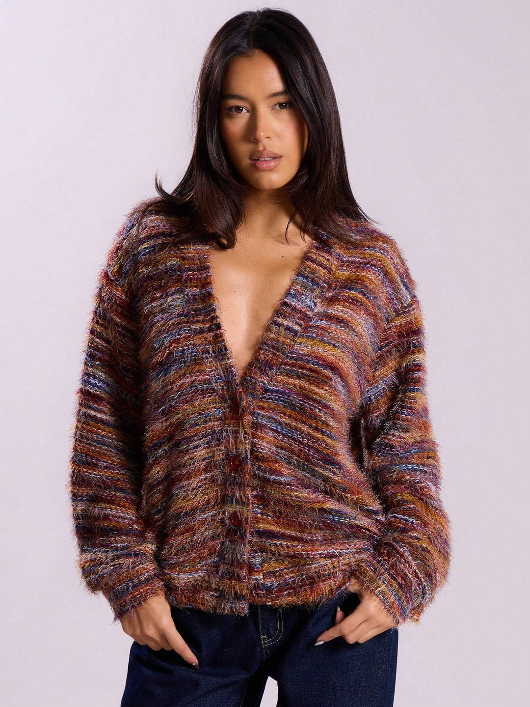 Damen Flauschiger Grobstrick-Cardigan mit V-Ausschnitt Nord Taschen